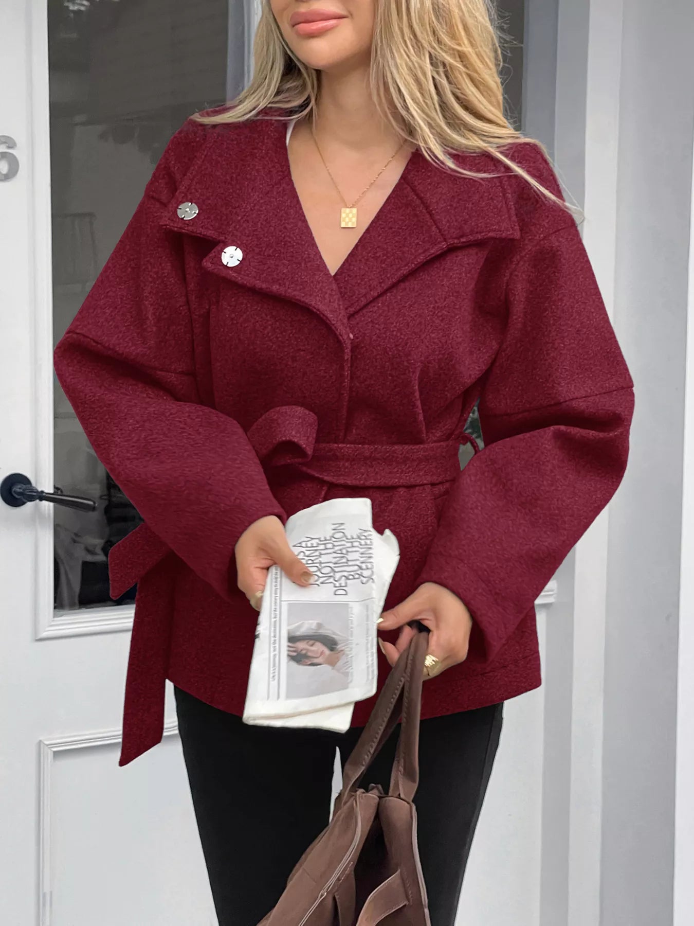 Tie Waist Wool Blend Outerwear