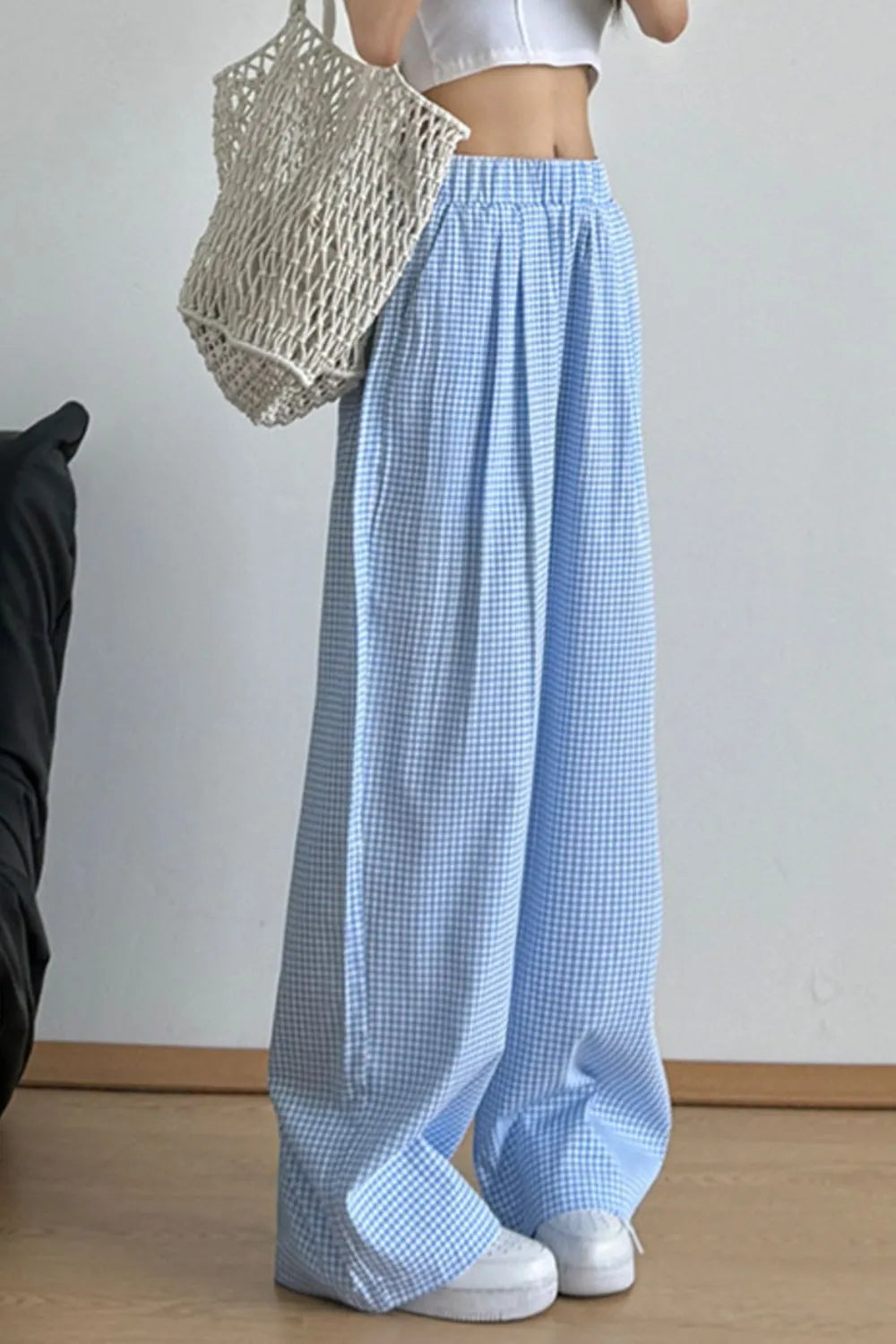 Gingham Check Wide Leg Pants
