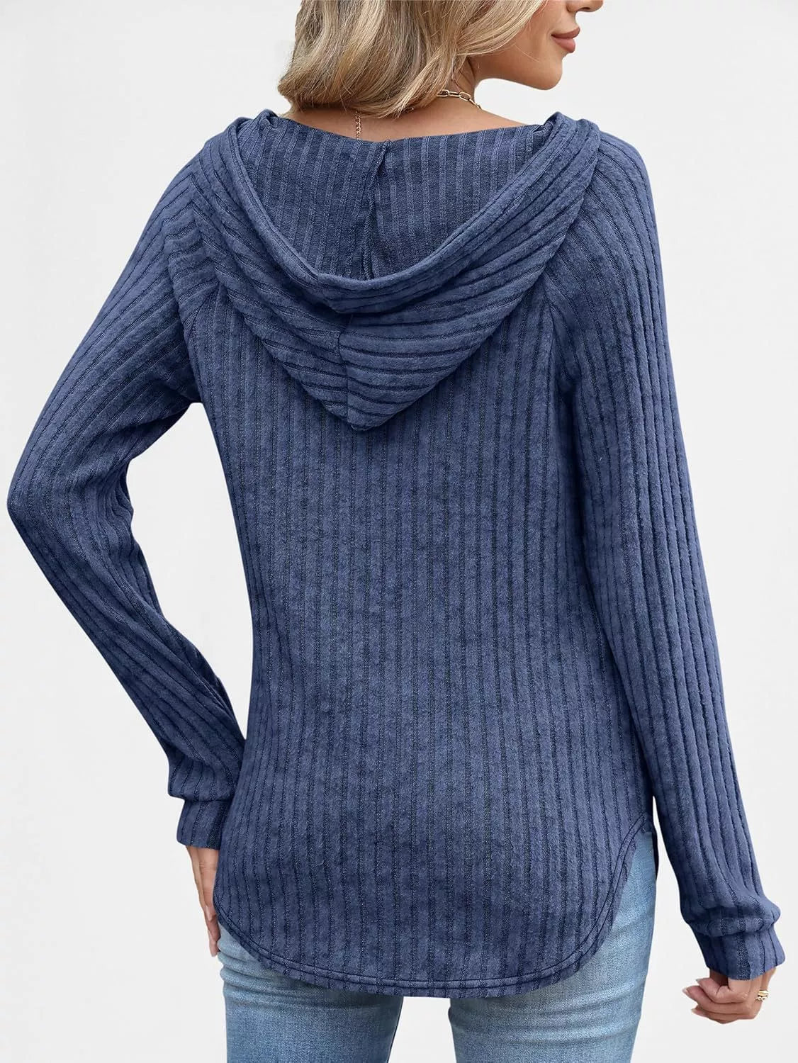 Full Size Ribbed Knit Button Detail Hooded Top Plus Size