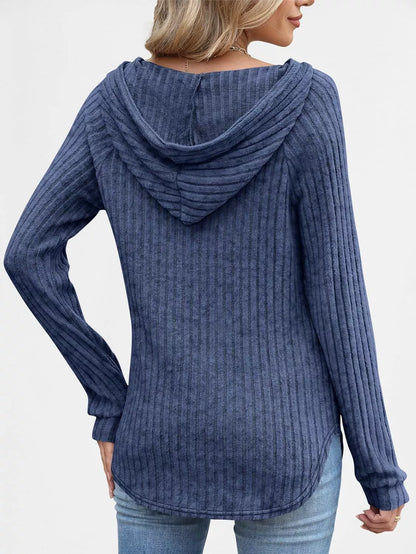 Full Size Ribbed Knit Button Detail Hooded Top Plus Size