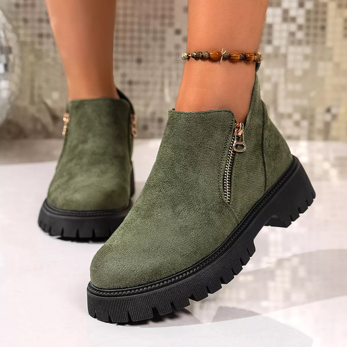 Round Toe Side Zip Ankle Boots Green