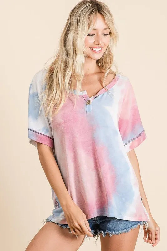 BiBi Tie Dye French Terry Top With Buttoned Placket PINK MULTI