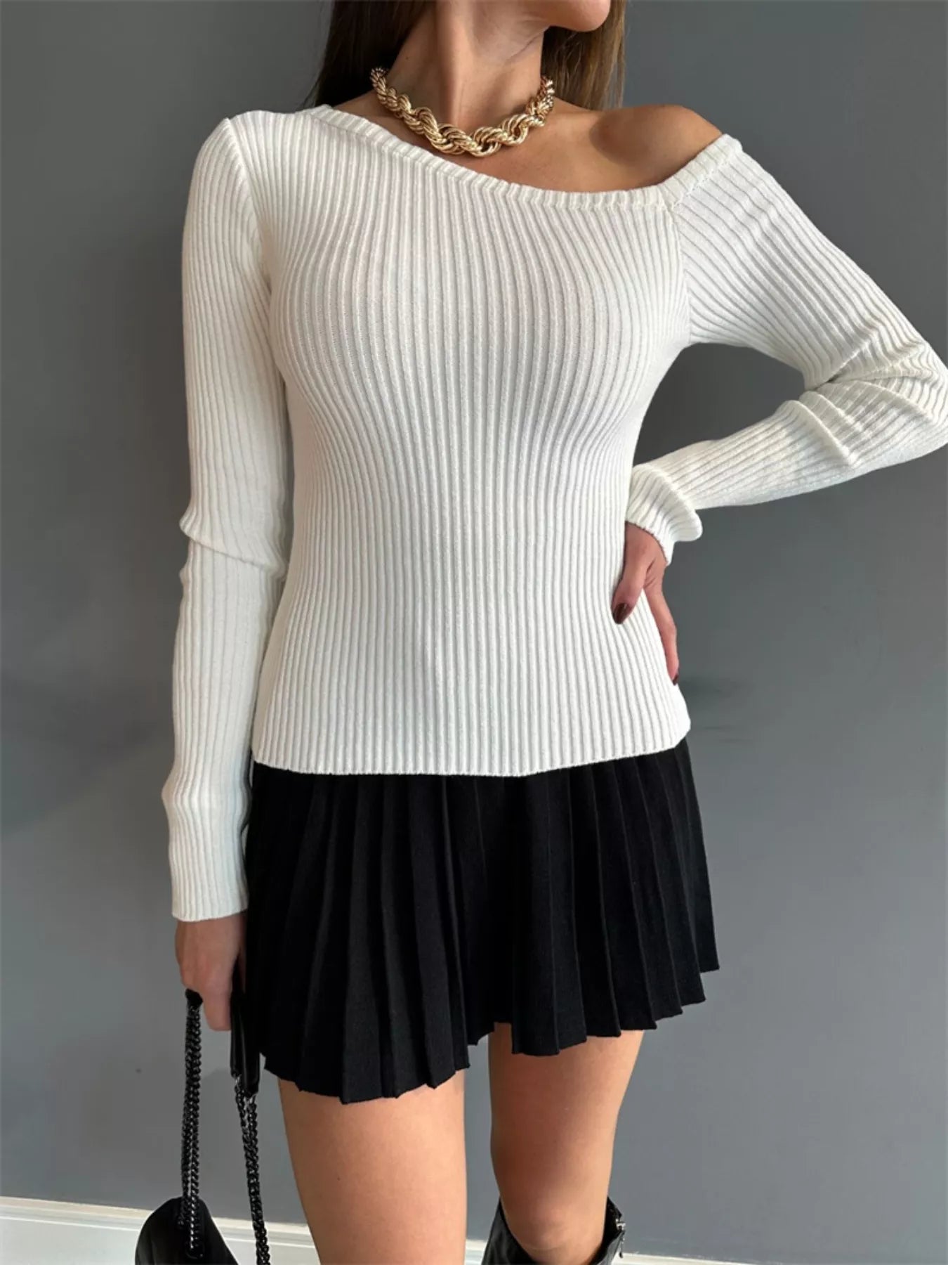 Ribbed Single Shoulder Sweater White