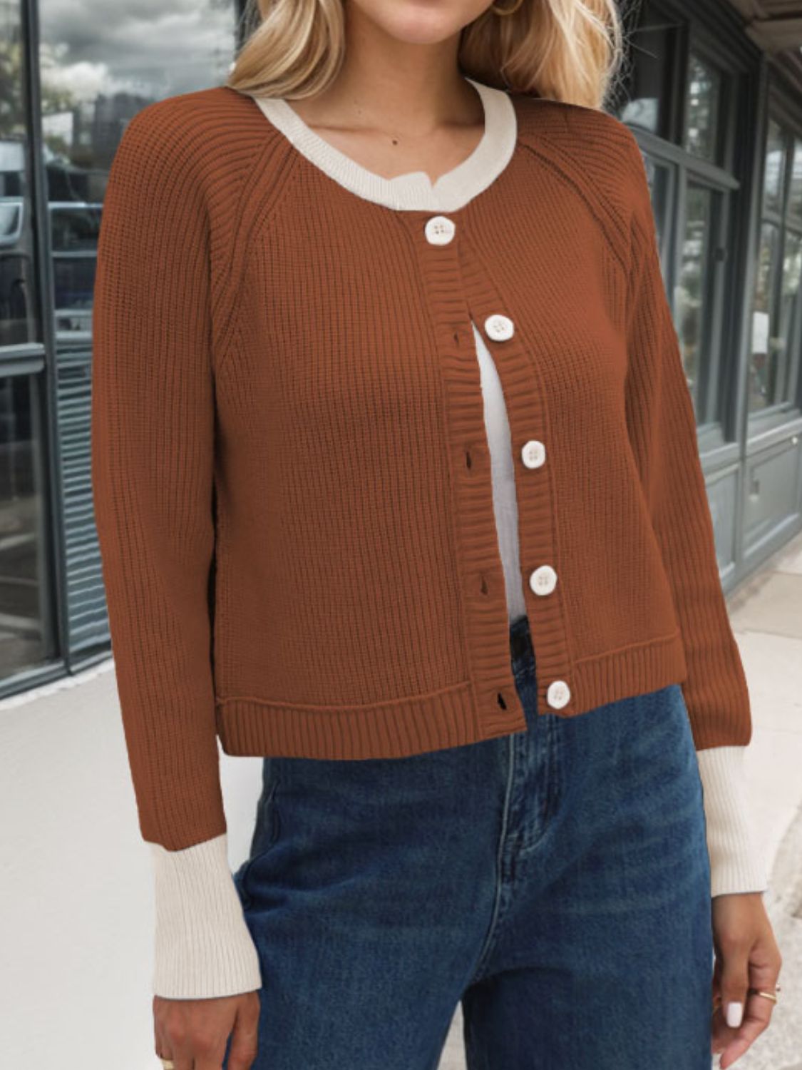 Contrast Button Up Long Sleeve Cardigan Brown