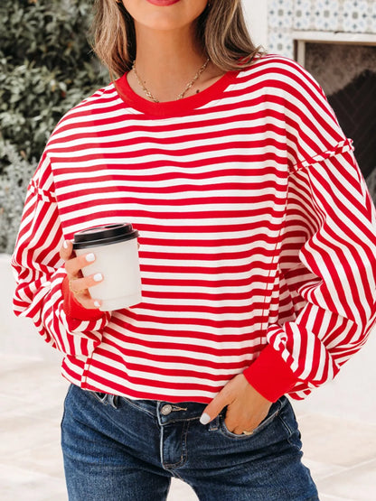 Stripe Exposed Seam Drop Shoulder Casual Top Strawberry