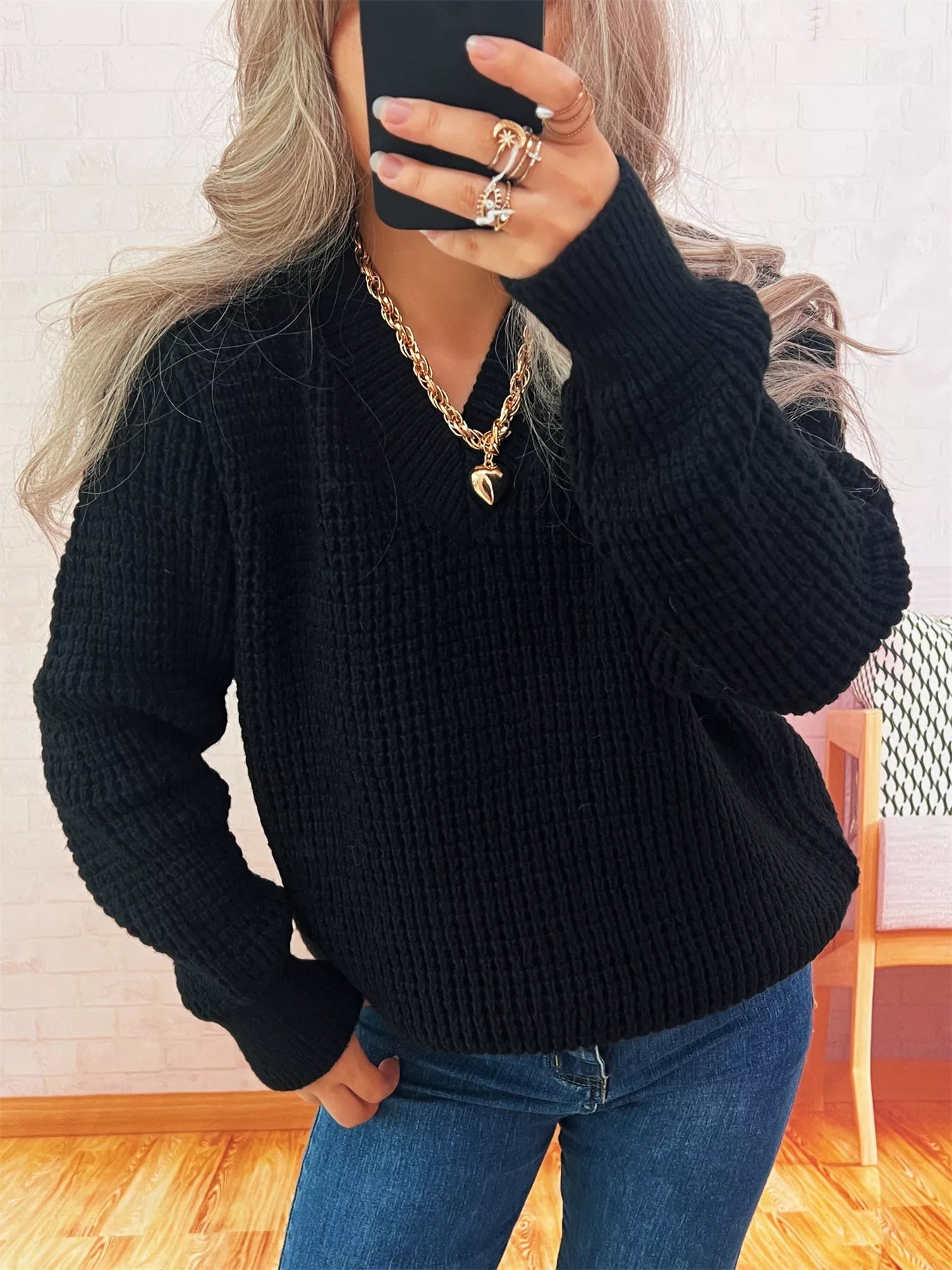 V-Neck Textured Knit Sweater
