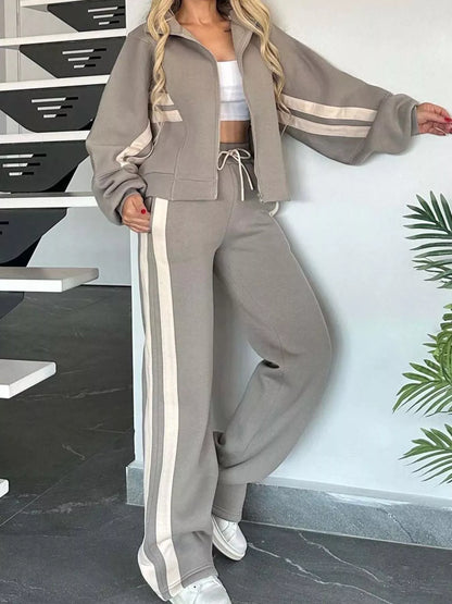 Full Size Contrast Stripe Zip Up Jacket and Pants Set Plus Size Grey