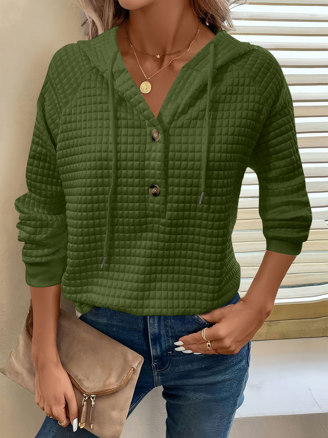 Full Size Texture Button Detail Drawstring Long Sleeve Hoodie Dark Green