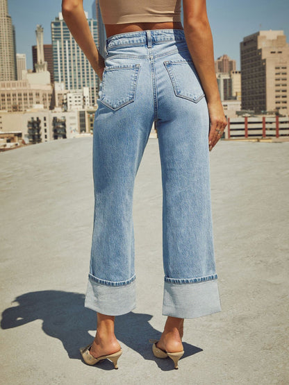 High Waisted Straight Leg Rolled Jeans