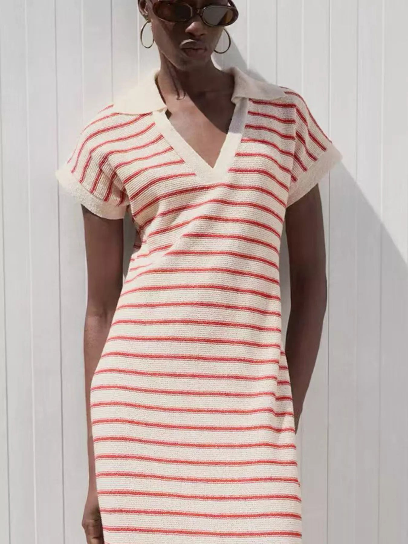 Striped Slit Short Sleeve Maxi Dress Scarlet
