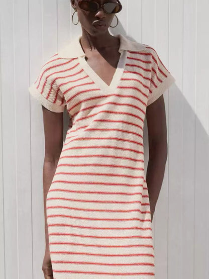 Striped Slit Short Sleeve Maxi Dress Scarlet
