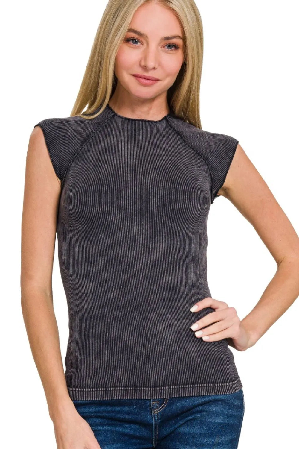 Zenana Washed Ribbed Seamless Top BLACK