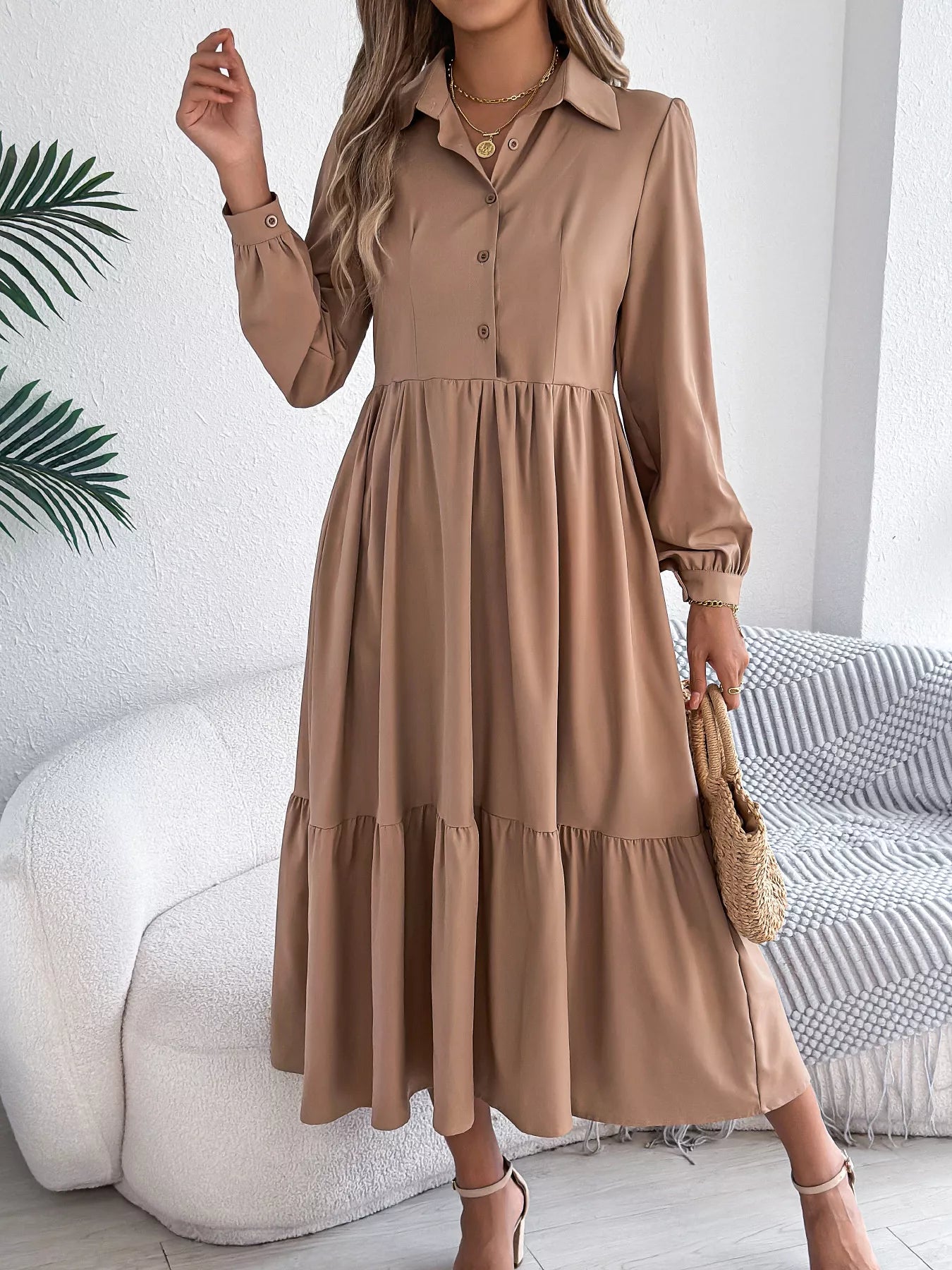 Long Sleeve Tiered Button Front Midi Dress