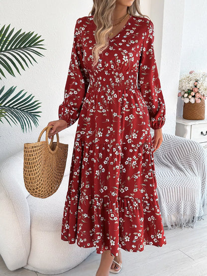 Floral Print Long Sleeve V-Neck Midi Dress
