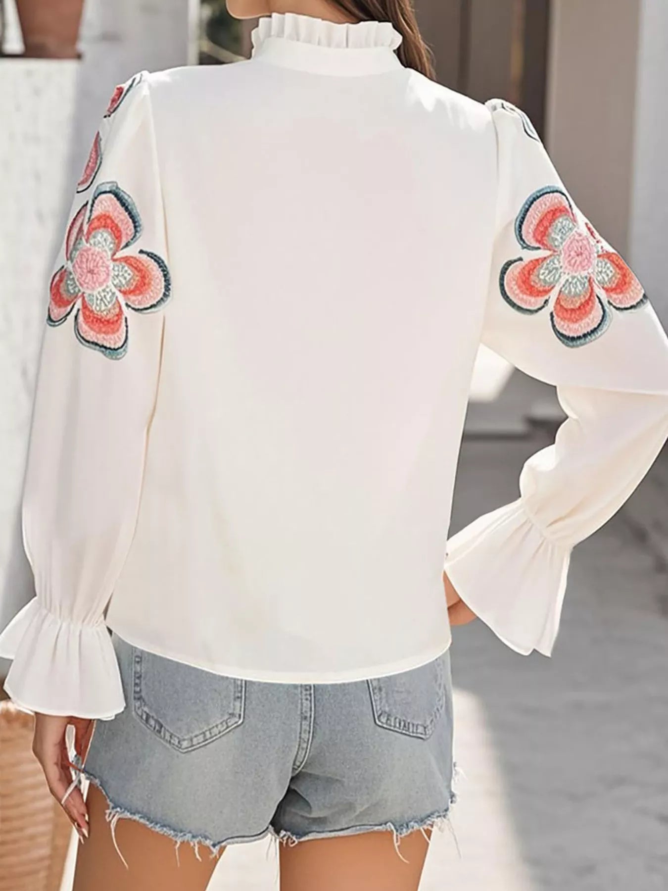 Floral Embroidered Notched Long Sleeve Blouse