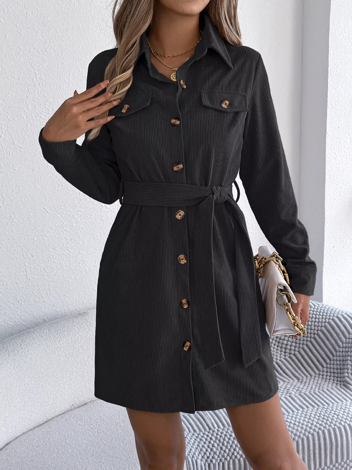Button-Front Corduroy Shirt Dress