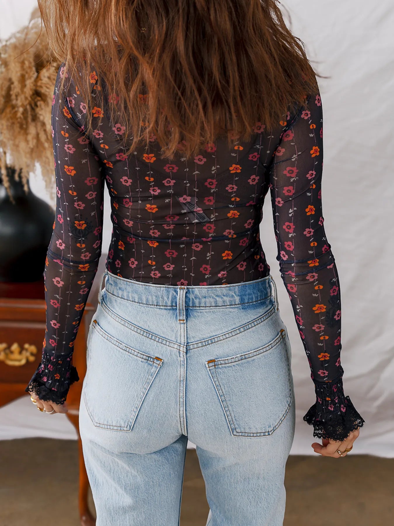 Floral Print Smocked Cuff Slim Fit Mesh Bodysuit