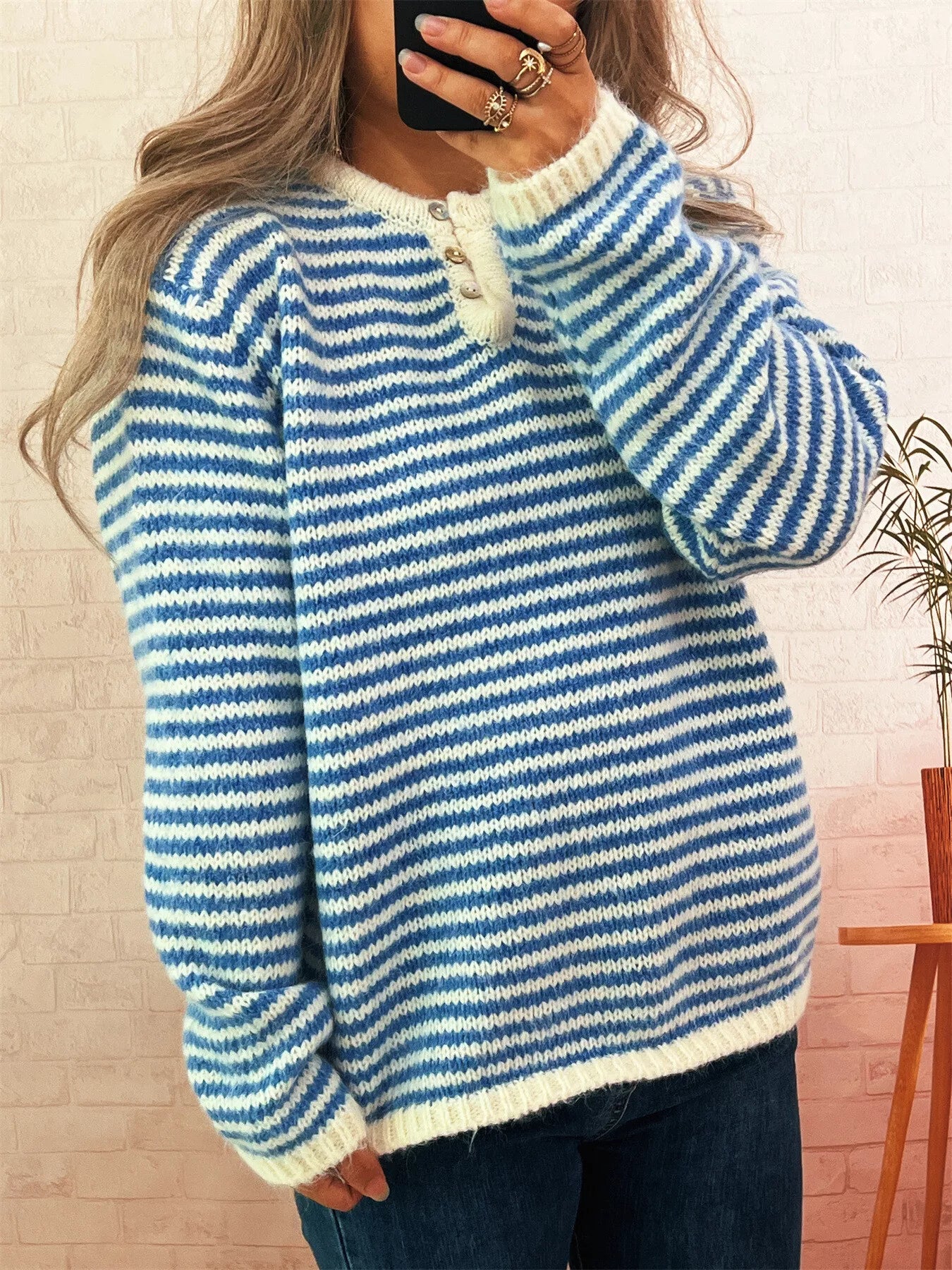 Striped Button Detail Long Sleeve Sweater Blue One Size