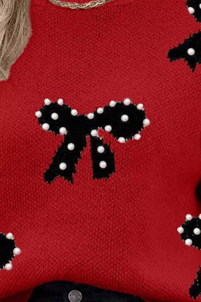 Round Neck Bow Pattern Pearl-Embellished Sweater