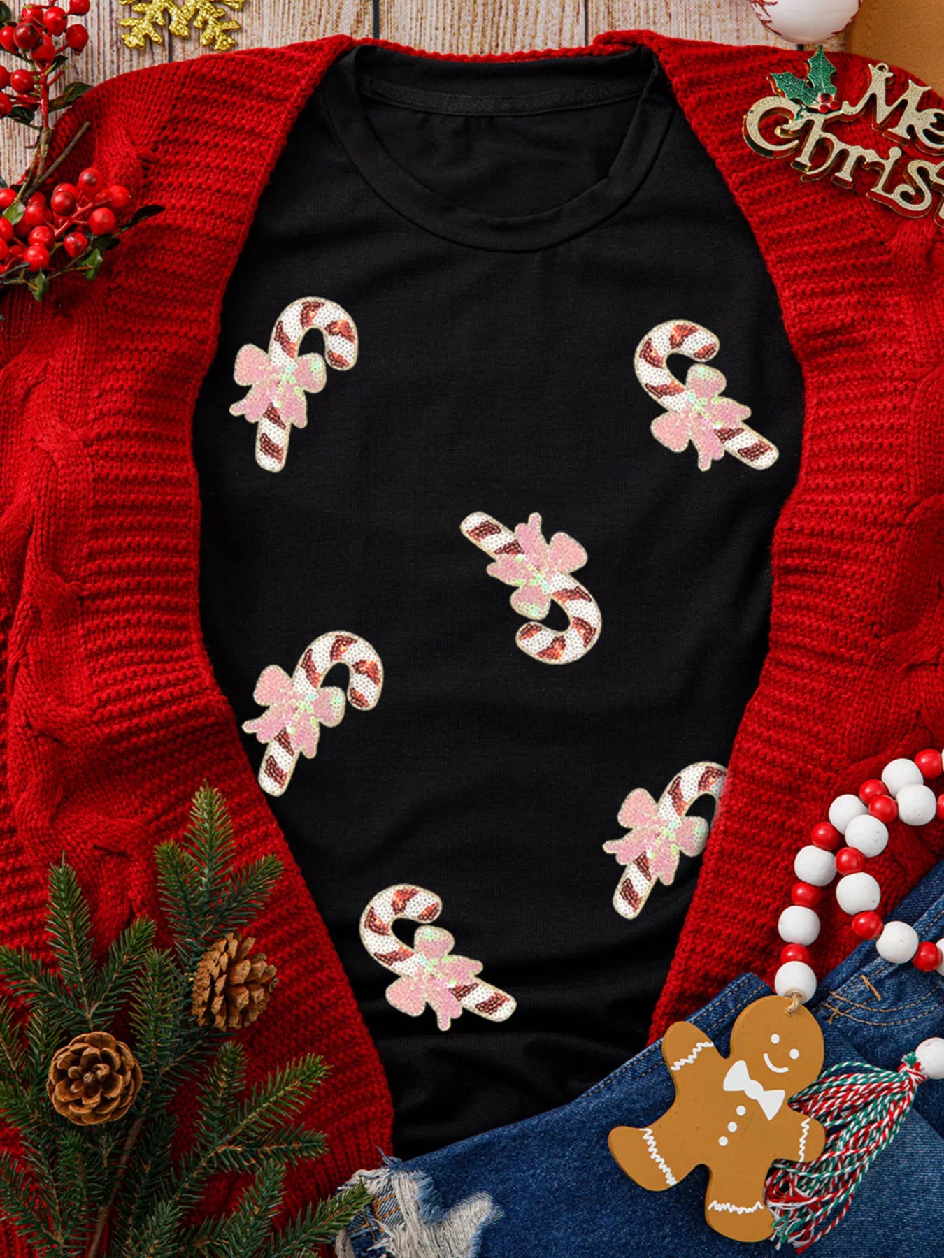 Christmas Sequined Candy Cane Patched Pattern Holiday T Shirt