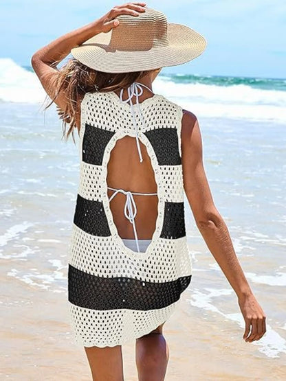 Color Block Openwork Sleeveless Cutout Back Cover-Up Black & White