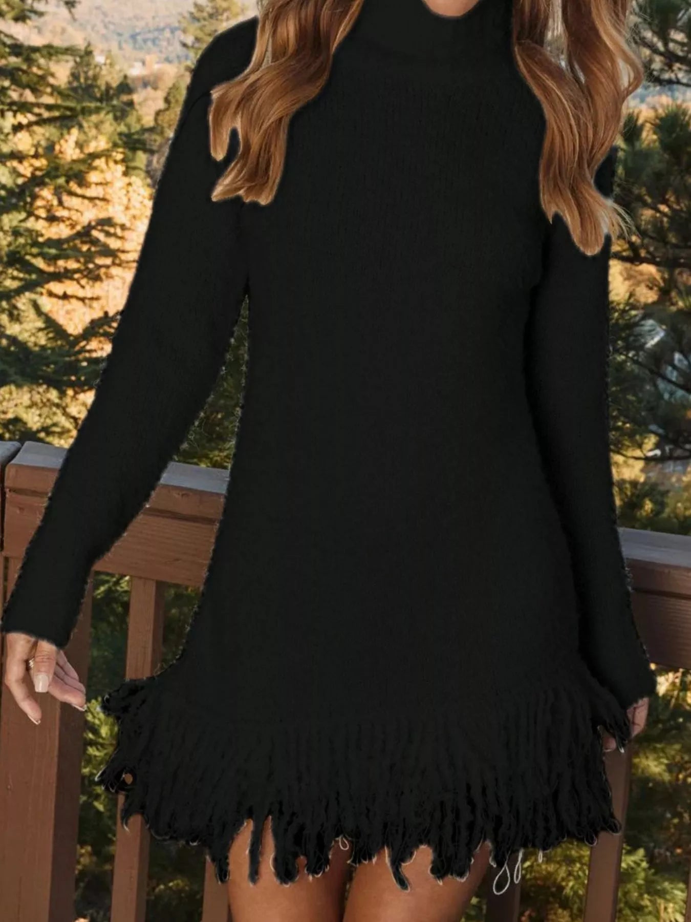 Fringe Turtleneck Long Sleeve Sweater Dress Black