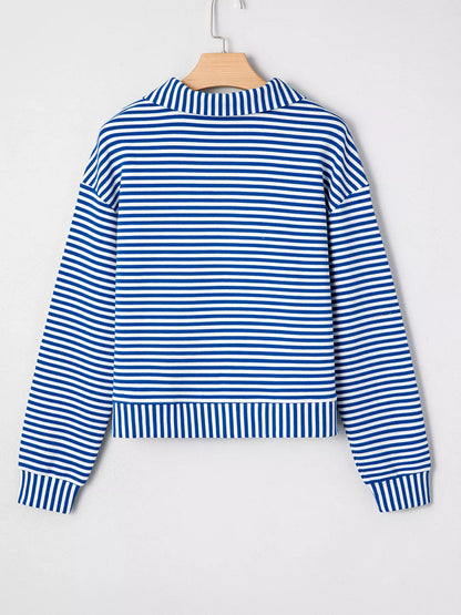 Stripe Quarter Zip Collar Long Sleeve Top