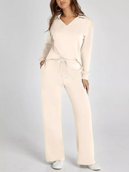 Full Size Johnny Collar Long Sleeve Top and Pants Plus Size Apricot