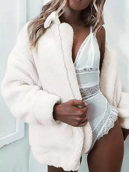 Full Size Cozy Fleece Zip Up Jacket Plus Size White