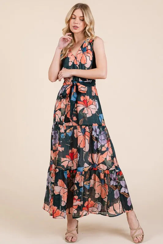 Lime 'N' Chili Floral Print Sleeveless Tie Waist Maxi Dress