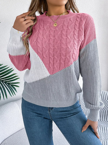 Color Block Cable Knit Long Sleeve Sweater
