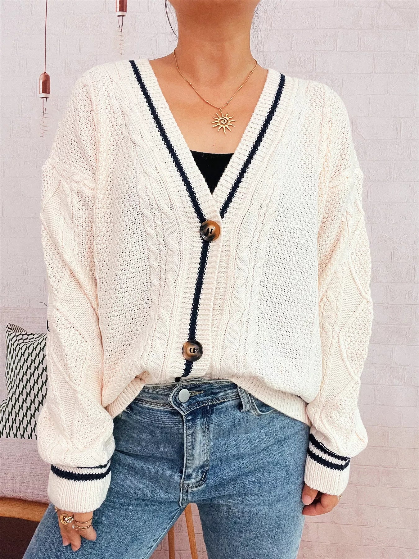 Star Pattern Button-Up Cardigan with Contrast Trim