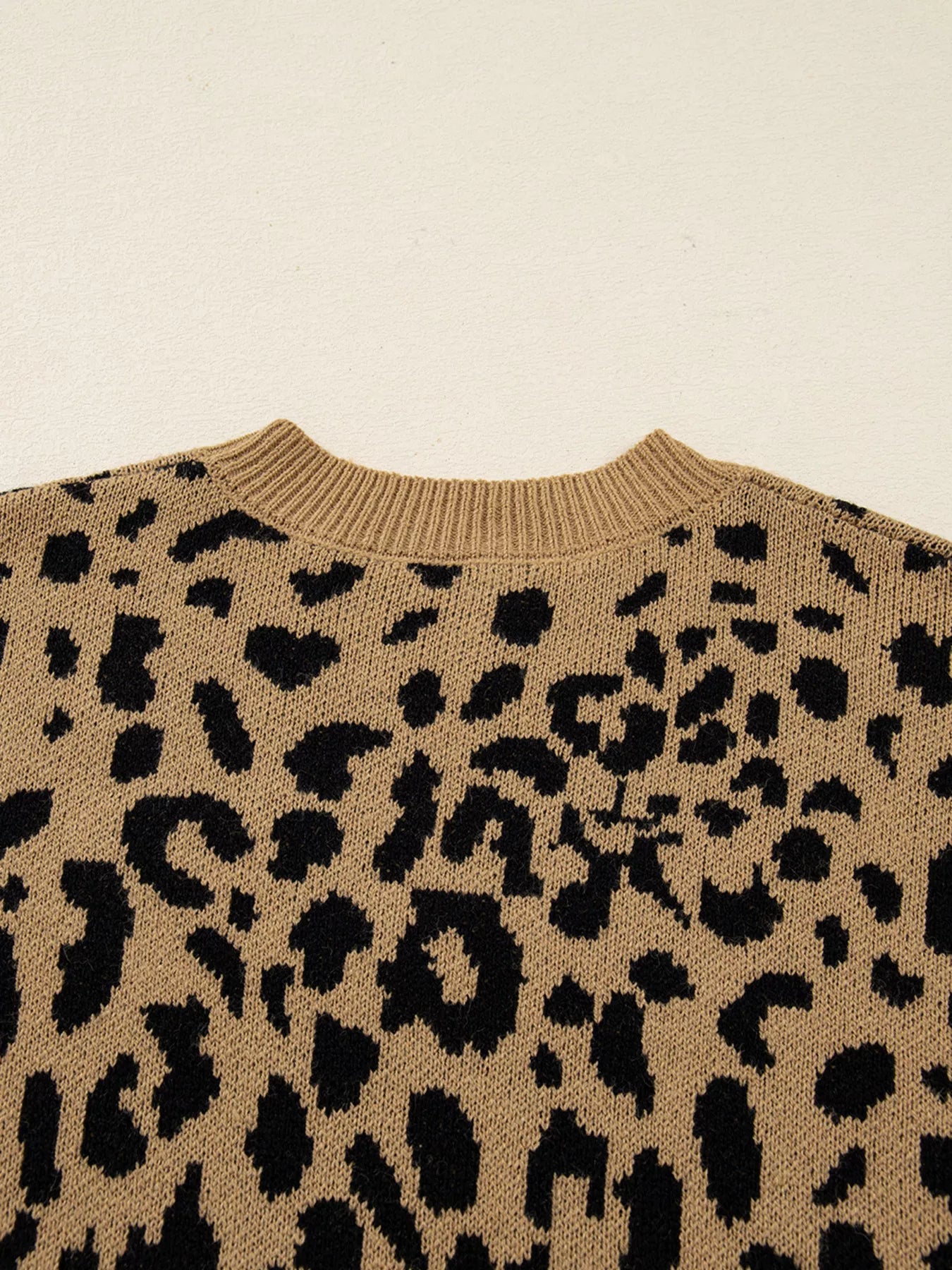 Ribbed Trim Round Neck Leopard Drop Shoulder Sweater
