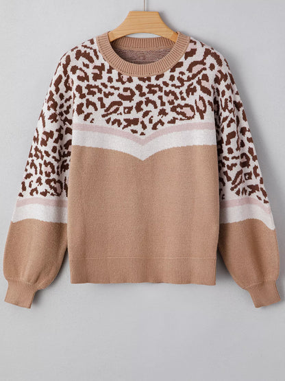 Leopard Color Block Knit Round Neck Baggy Sweater