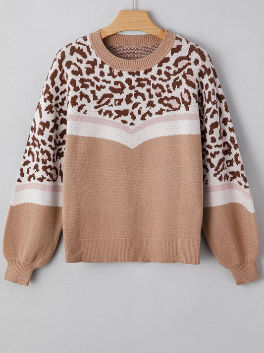 Leopard Color Block Knit Round Neck Baggy Sweater