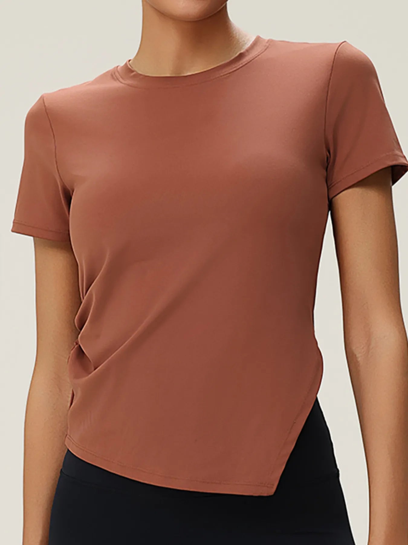 Full Size Slit Round Neck Short Sleeve Active T-Shirt Plus Size Bronze