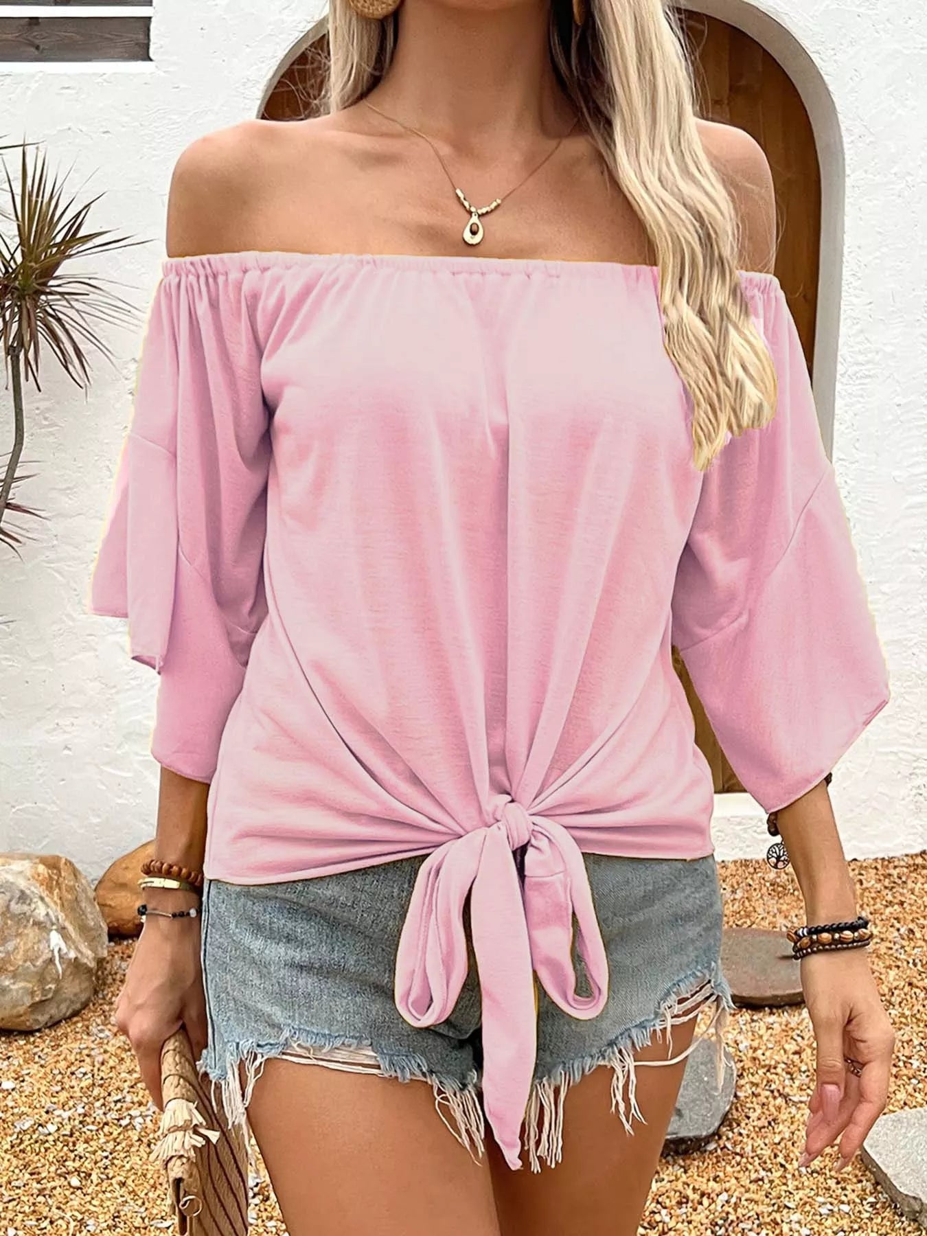Off-Shoulder Tie-Front T-Shirt