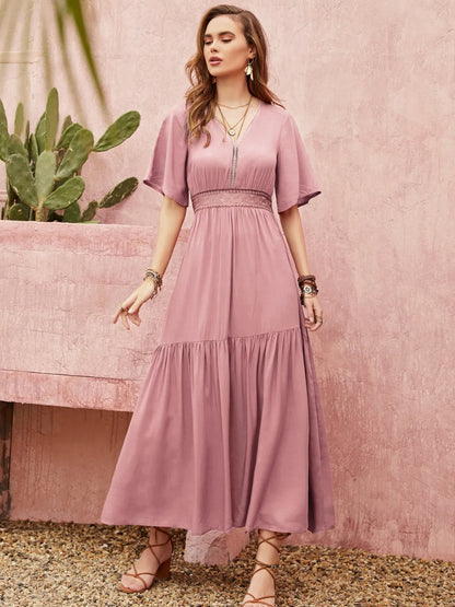 Lace Detail V-Neck Short Sleeve Dress