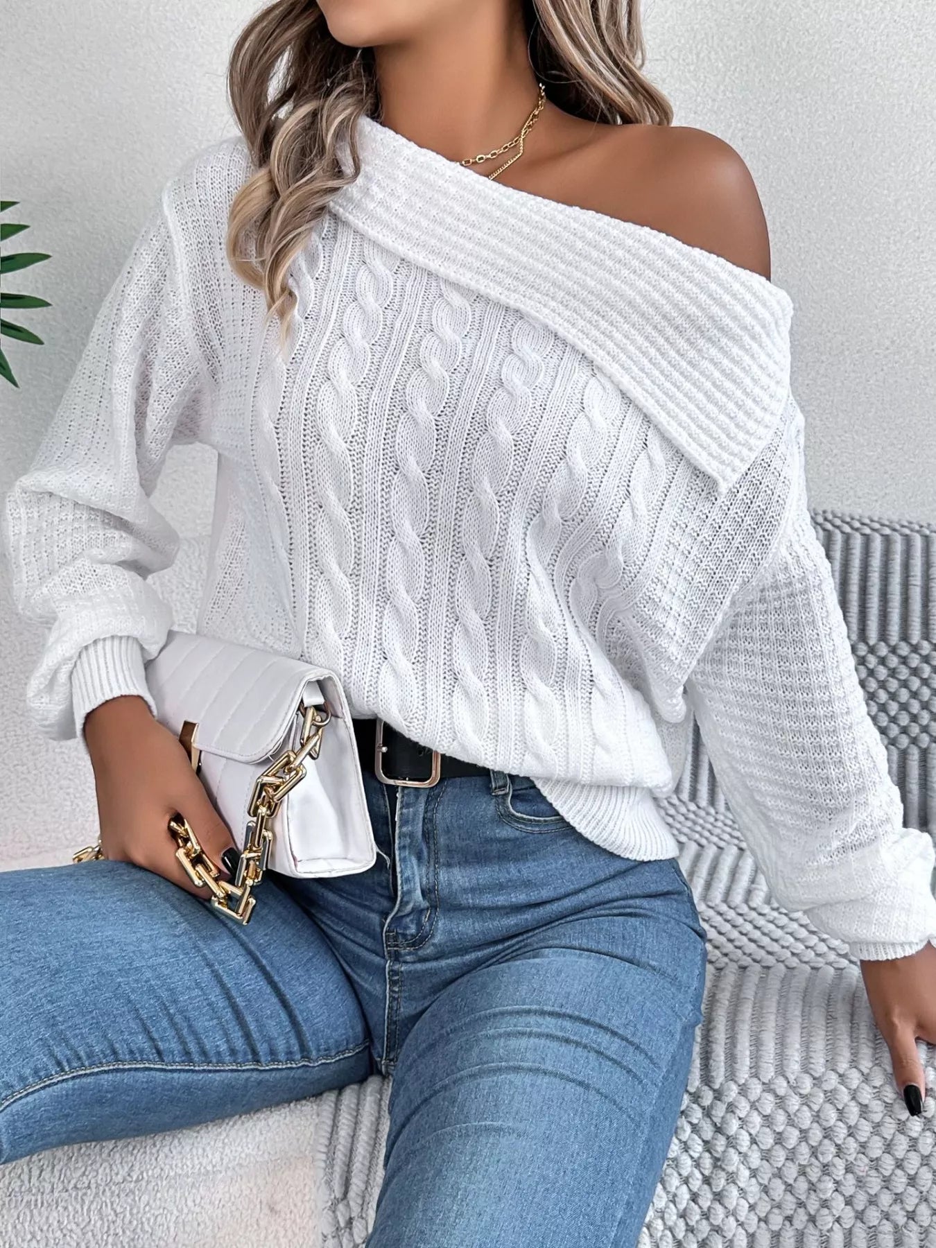 Off-Shoulder Cable Knit Sweater