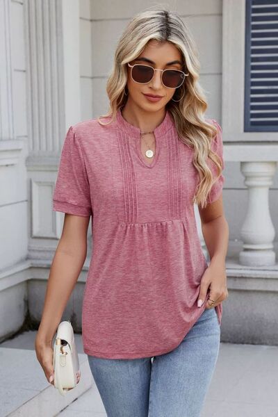 Notched Short Sleeve Solid Color Top