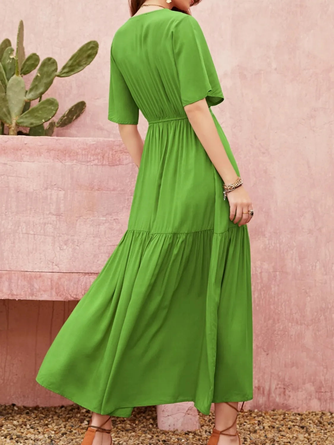 Lace Detail V-Neck Short Sleeve Dress