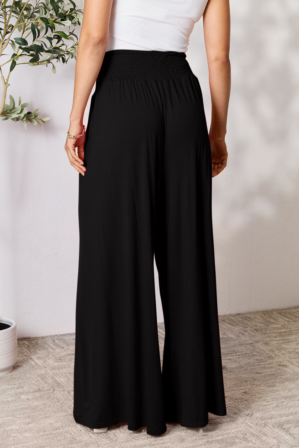 Smocked High-Waist Wide Leg Pants