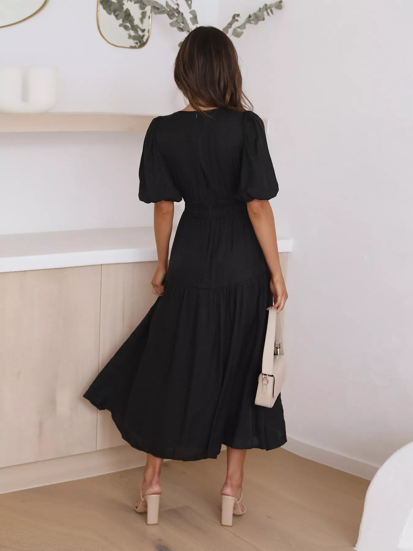 Tiered Puff Sleeve Midi Dress