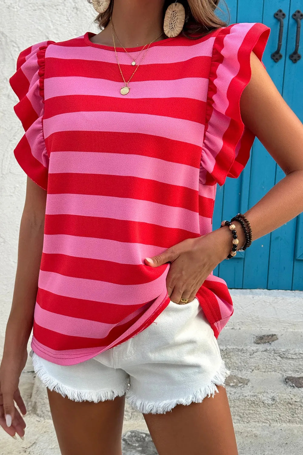 Striped Ruffle Sleeve Summer T-Shirt