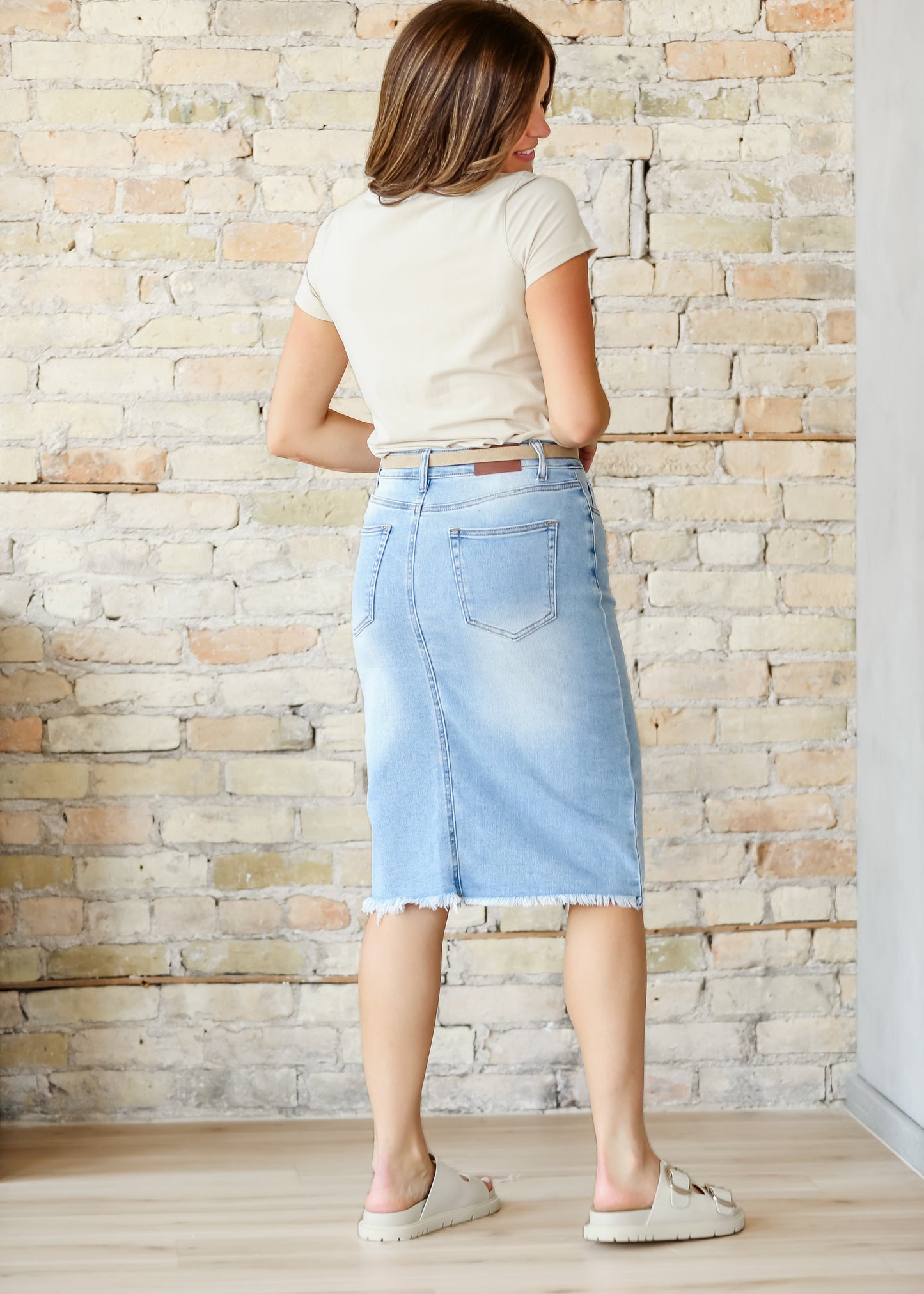 Drew Raw Hem Midi Denim Skirt
