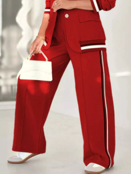 Full Size Striped Trim Button Down Jacket and Pants Set Plus Size