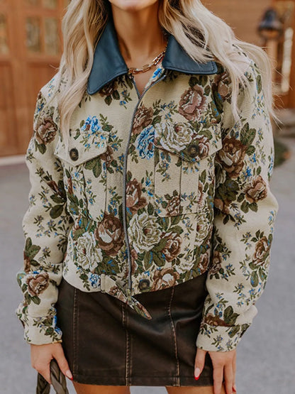 Floral Print Zip Up Contrast Collared Jacket Floral