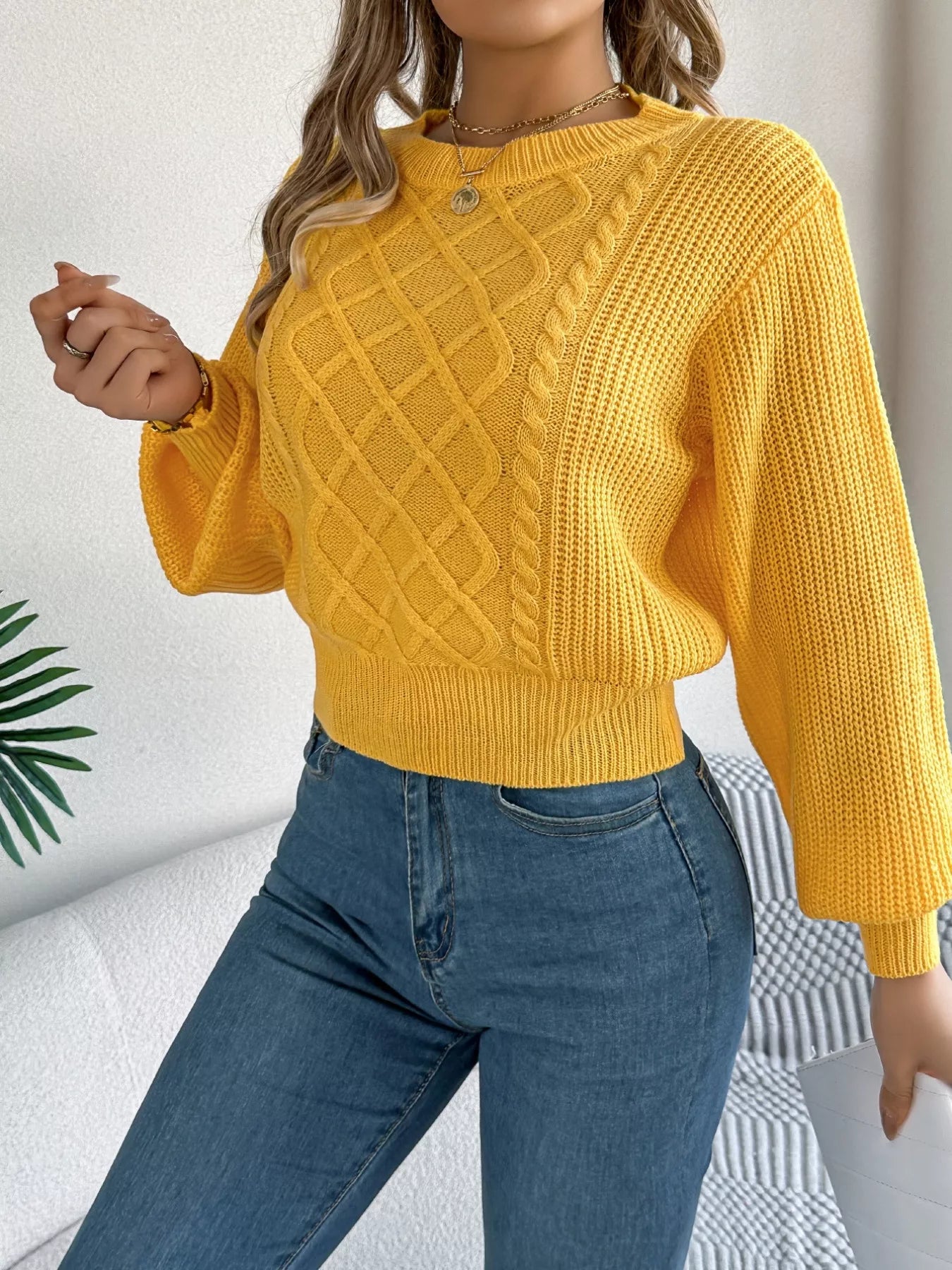 Cable Knit Diamond Pattern Long Sleeve Sweater