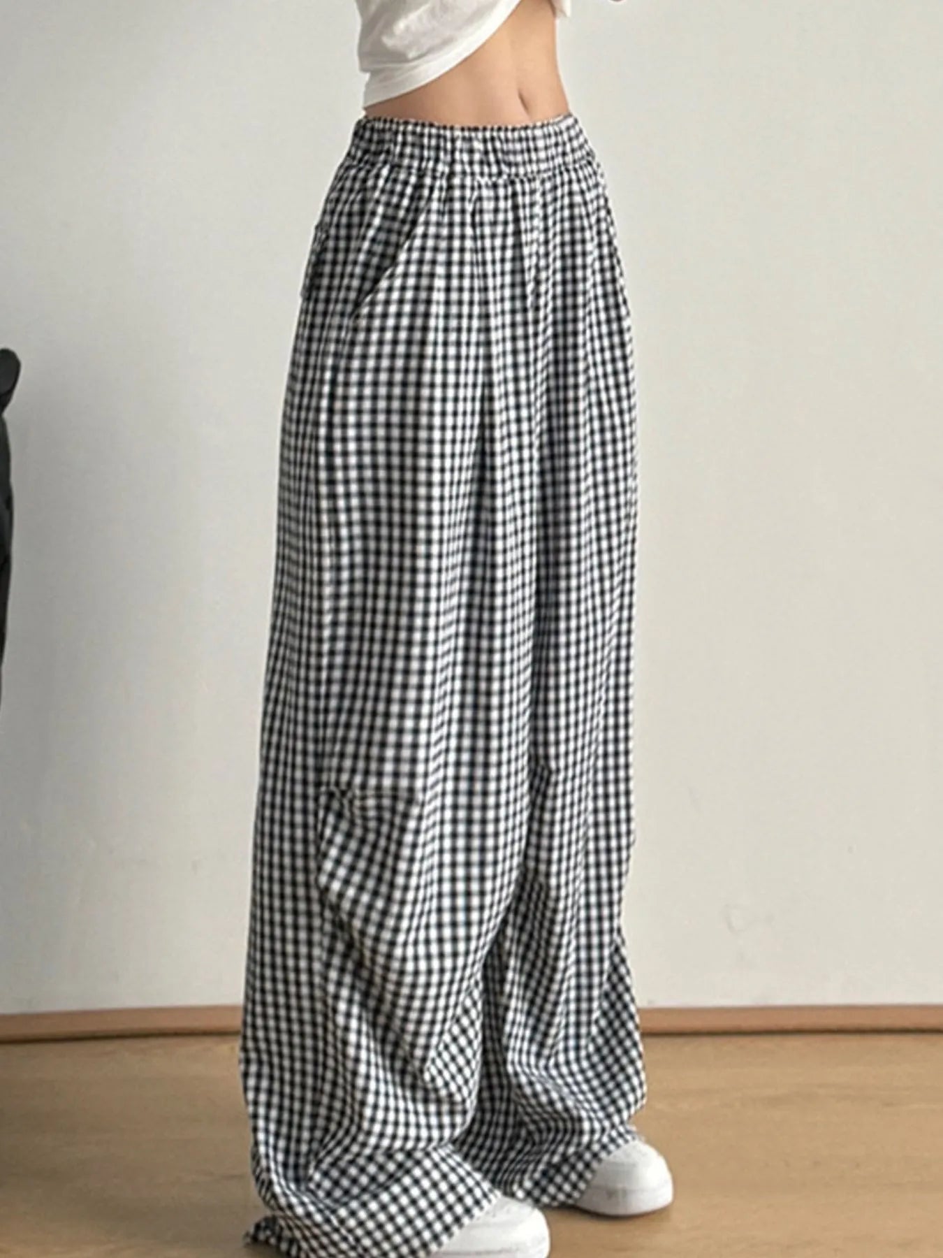 Gingham Check Wide Leg Casual Pants