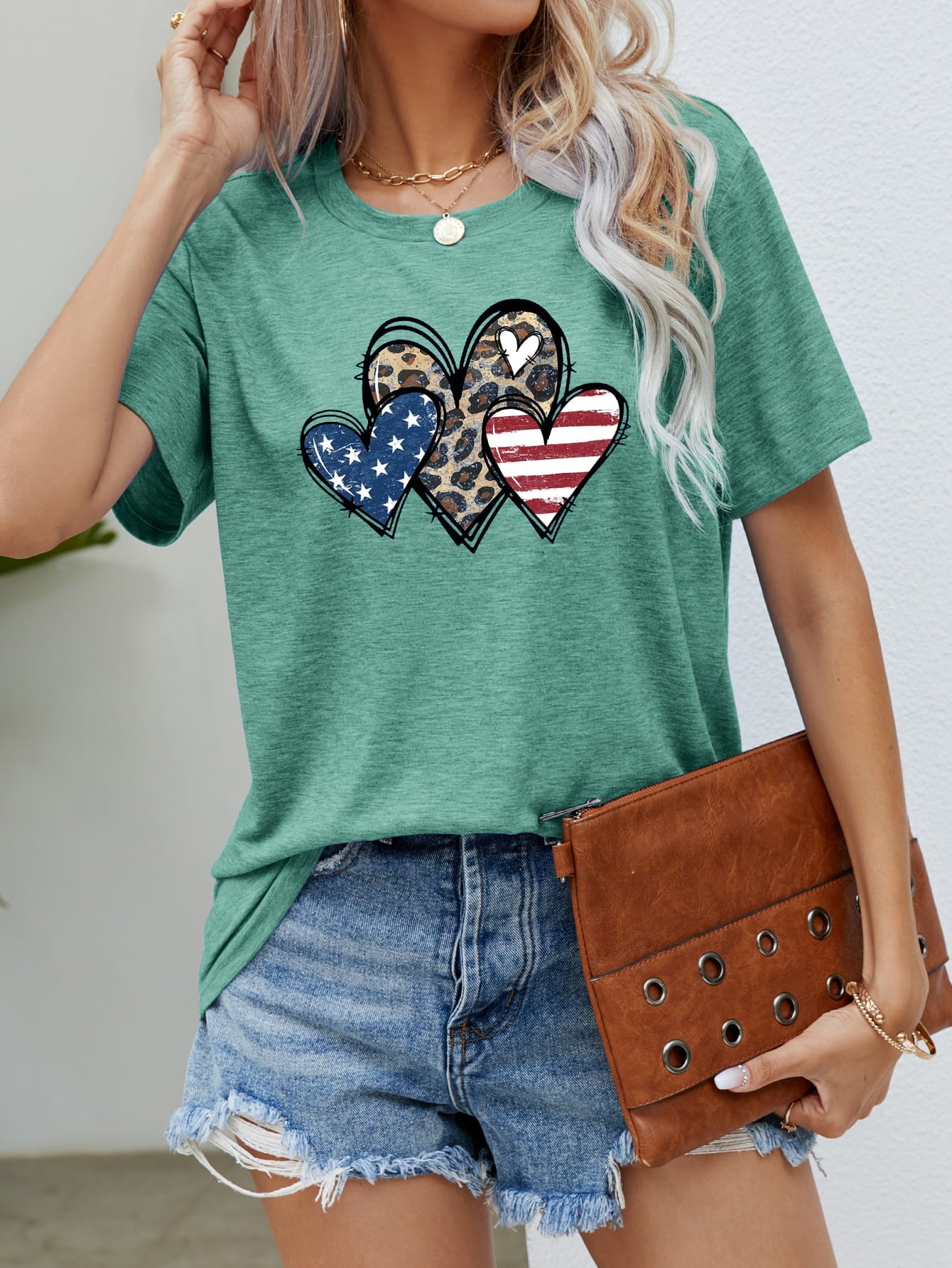 US Flag Leopard Heart Graphic Tee Gum Leaf